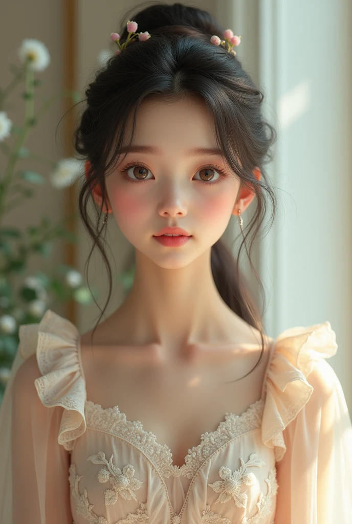 (8th, Best Quality, masterpiece: 1.2), (realist, realist, photorealist: 1.37), 1 woman, hyper detail, beautifuls detalles de ojos, beautiful, detailed nose, (((1 girl))), lolita dress, 7 minutes, kitchen, smile,