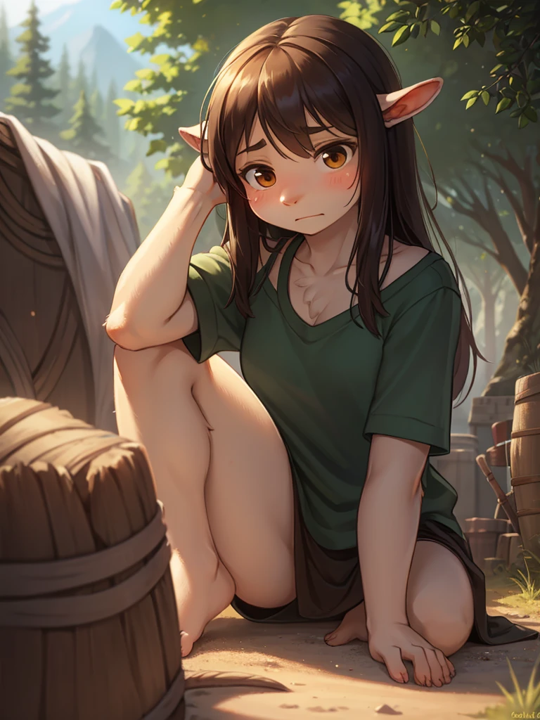 (best quality,4k,8k,highres,masterpiece:1.2), ultra-detailed, realistic, naked sexy elf woman with long black hair, mischievous smile, lifted up skirt, detailed crotch, detailed vulva, detailed pussy, squatting down, spread pussy lips, peeing, sexy, peeing in public, playful, amber eyes, pee leaking from pussy
