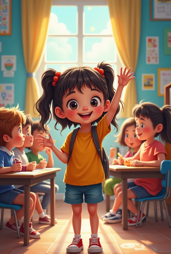 illustration, 8 year old girl, raising his hand in his course