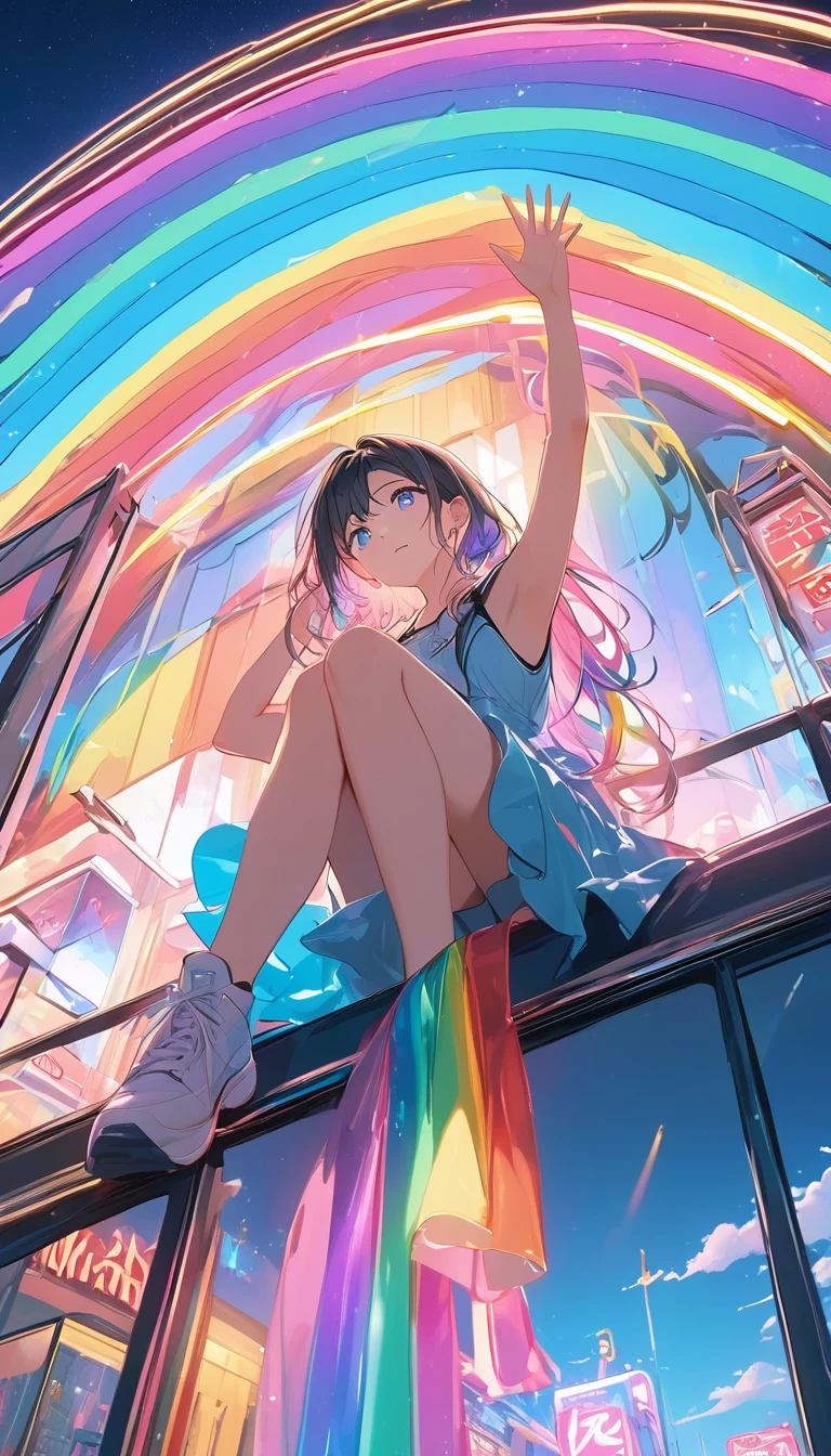 anime、((Amazingly absurd)),(masterpiece:1.2),超High resolution, Attention to detail, high quality, High resolution, 最high quality, 4K, 8k、A woman reaching for the sky,Sitting,neon sign,Rainbow colors are the base,View the night sky,Long Hair,Rainbow Eyes,Angle from below