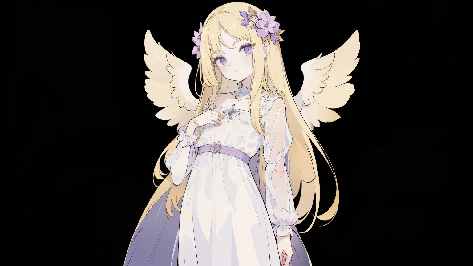 1 full-length portrait of a girl, angelicales, Angel Wings, Gorgeous long dress, Stand on both feet, (((solo))), Clear facial features, simple line design, ((Pure black background)), Tarot card design, Character portrait, ((Flat coating)), (tmasterpiece,Highest quality,Best quality,Ultra-high resolution,Clear facial features,prettyeyes,Pretty Face),blonde,Lilac flower god