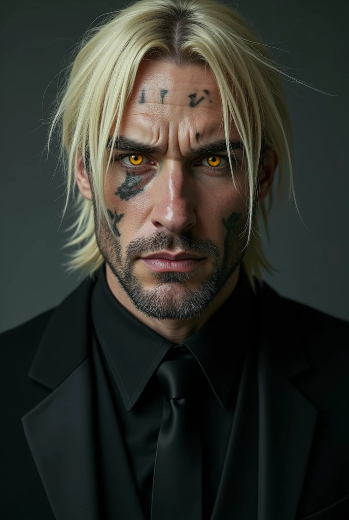 Create a man with blond hair with some gray strands, thin lips drawn perfectly, the tall apple, tired eyes with dark circles under his eyes, his left cheek with a scar that makes him intimidating but still handsome