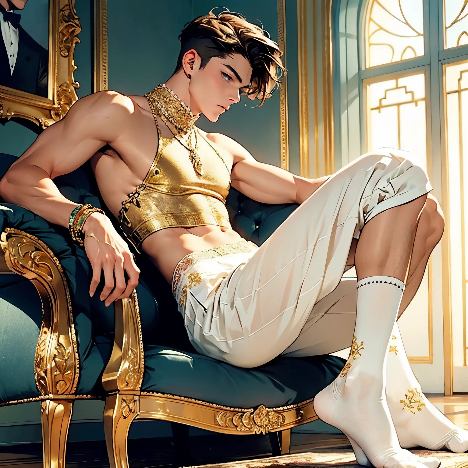 full body view photo, a young male model, blue eyes, brown hair cut fashion undercut, strong jawline, looking odiously arrogant, complex, high level of detail, dramatic, muscular body, handsome, looking like a prince, wearing luxurious gold embroidered lace clothes, vest, pants, slumped on a comfortable sofa, in his socks, no shoes. He wears white lace sheer socks with gold embroidery, dozens of gold rings, bracelets, necklaces, gold jewelry. Luxurious living room, sexy pervert naughty style. Socks must be seen