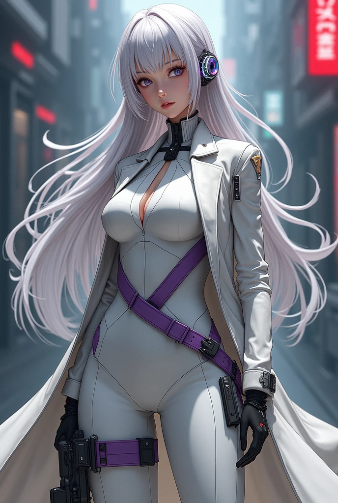 1 girl, white hair, long hair, A masterpiece of technological clothing, best quality, actual, realism, Dark purple coat, portrait, exquisite eyes, wearing headphones, White blonde hair, 21 year old girl, Stylish pose, Half body, wide angle shot, on the street, cyberpunk
