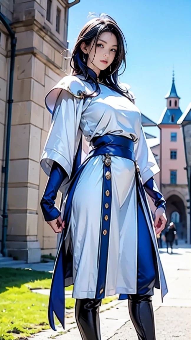 South korea walk women mystery hood up with modern royal Blue coat with long and wide sleeves with buttons and royal Blue cape and very high white heel over the knee and white gloves, As she reveals a small secret hidden blade coming from his wrist , adding to the characters mysterious, with small movements of air on the cape, in summer at night under the rain, with buildings featuring curved eaves and detailed architecture. sophisticated and highly detailed, ultra hd, realistic, hyper detailed, enhanced colours, ultra sharp focus, with vibrant, rich in details High quality, gorgeous, captivating, 8k, super detailed, stunning shadows, detailed lines, blood stain on coat and gloves and walls, a recently dead person with their throat slit