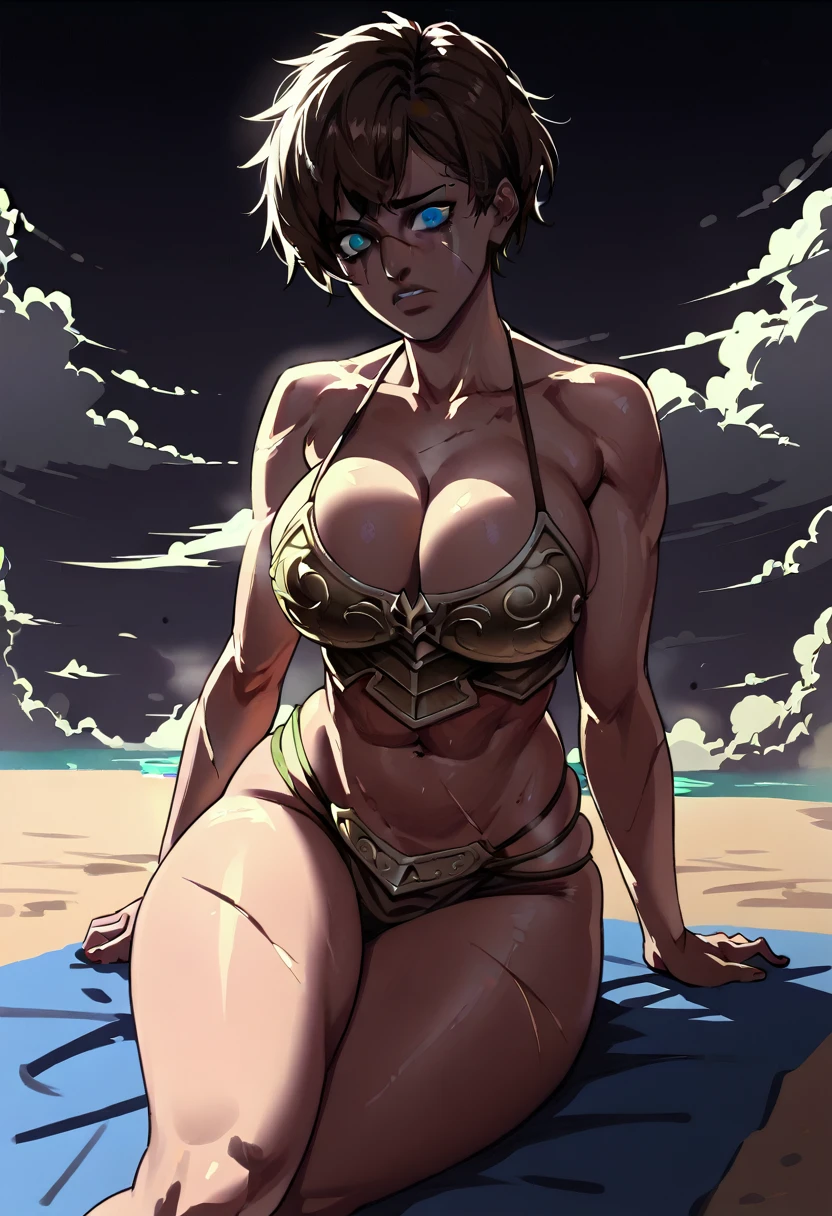 score_9, score_7_up, darceSDXL, 1girl, solo, short hair, large breasts, brown hair, grey eyes, scar on face, bikini armor, cleavage, presenting, looking at viewer, scared, fog, dark background, beach, thighs, midriff, on side, bare shoulders
