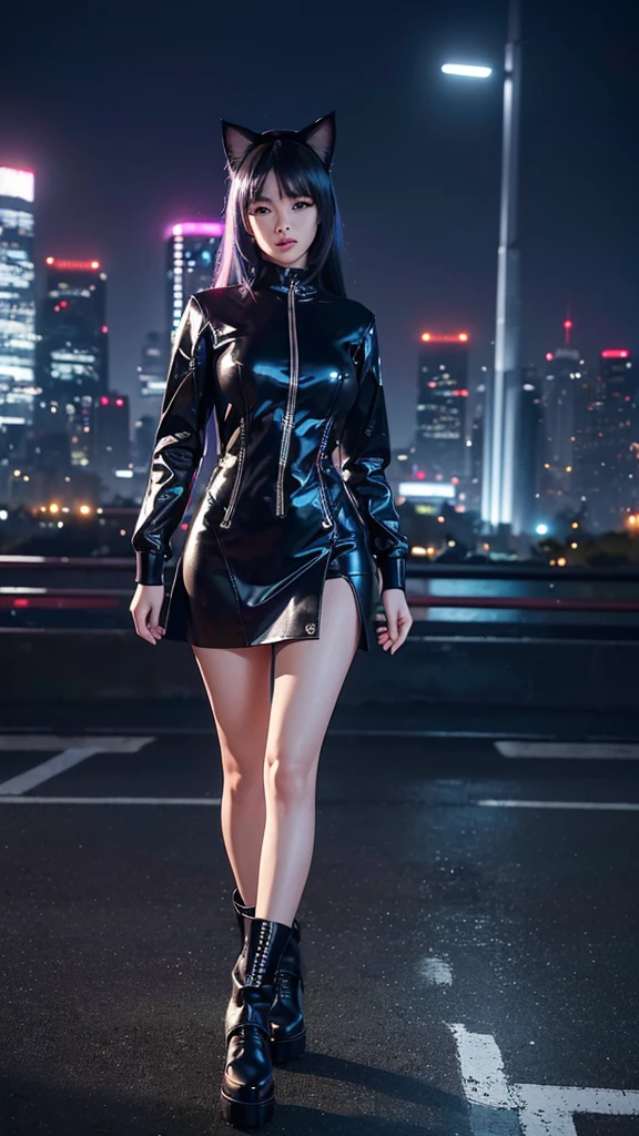 Ayane, Purple hair, (best quality, Ultra-detailed), (realistic:1.37), beautiful and detailed face, ultra-realistic texture, delicate face, delicate body, red lipstick, long-lasting colors. high definition, 8K. with a serious and very expressive expression in the eyes.