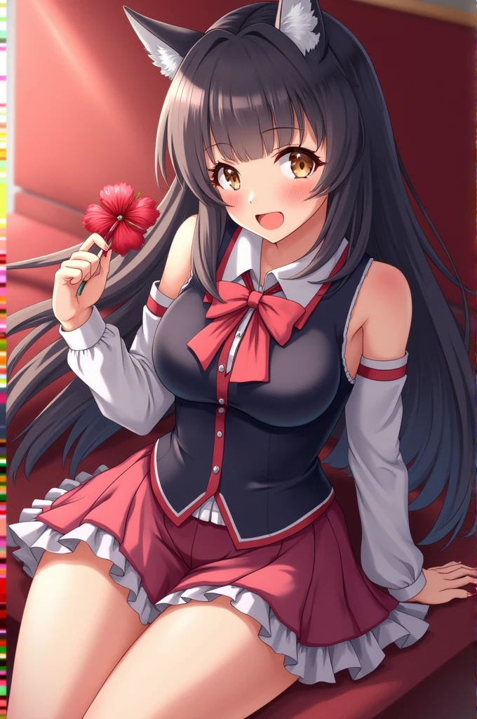 alone, One girl, Embarrassed face, View your viewers, Crown Blade, hair ornaments, Hair Ribbon, Pink tie, Black long sleeve, Pink Skirt, Knee socks, Cleavage, grassland、Black Hair、Red Eyes、(blush:1.5)、Sleeping on your back、cherry blossoms、(Her skirt flips up, revealing her pink underwear:1.5)