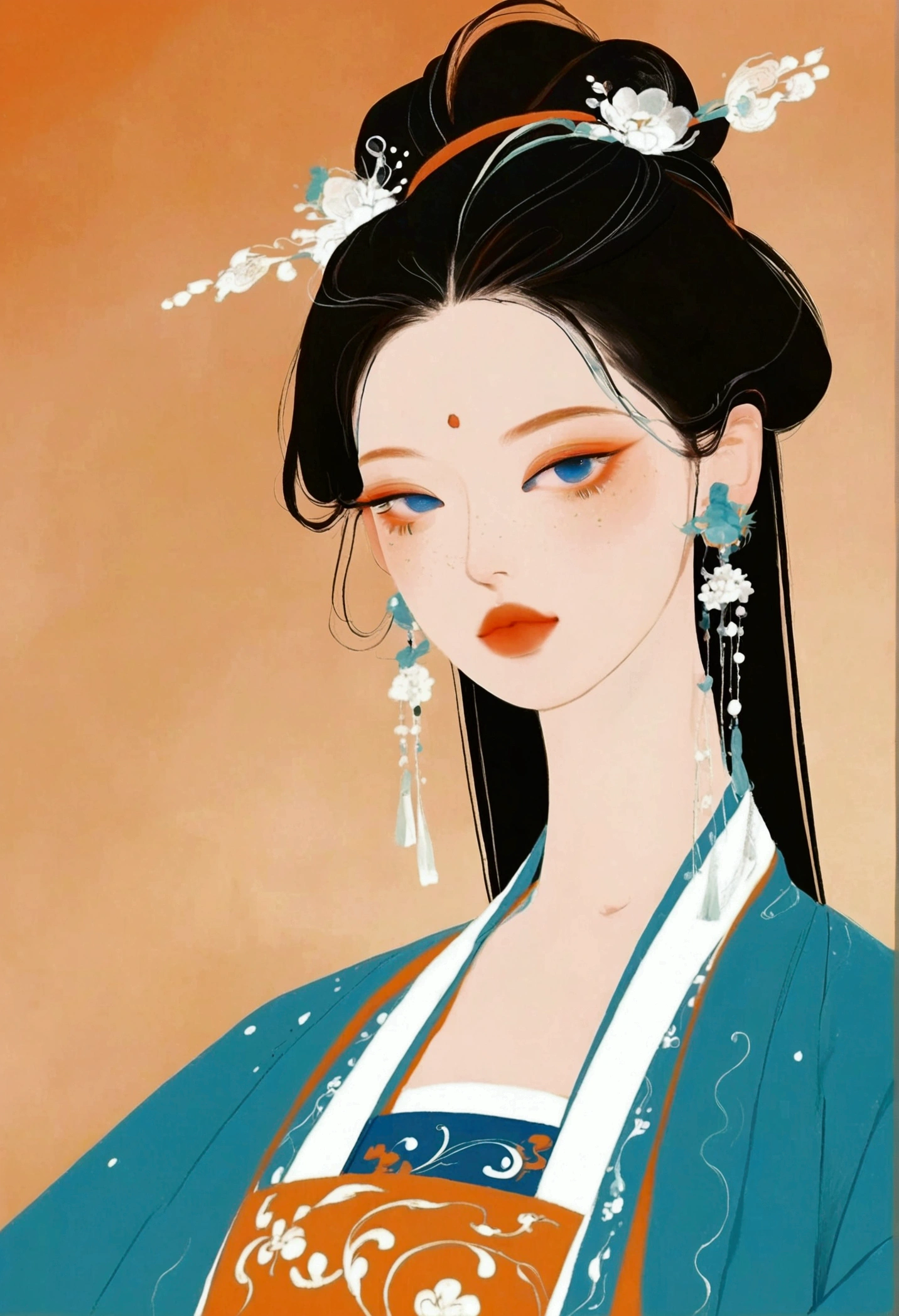 
a close up of a woman wearing a blue and orange dress, palace ， a girl in hanfu, a beautiful fantasy empress, ancient chinese princess, beautiful render of tang dynasty, hanfu, chinese empress, ancient chinese beauties, ancient china art style, ((a beautiful fantasy empress)), inspired by Lan Ying, inspired by Qiu Ying, ancient asian dynasty princess