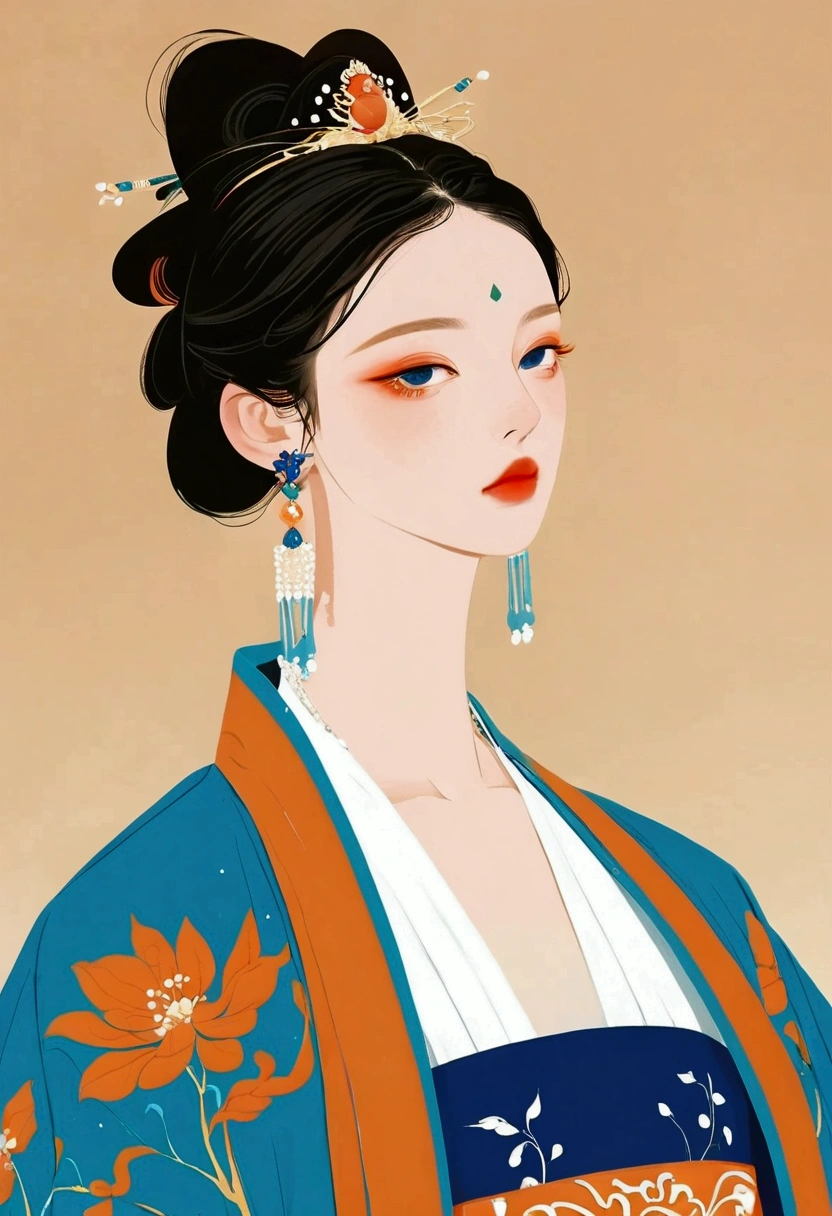 
a close up of a woman wearing a blue and orange dress, palace ， a girl in hanfu, a beautiful fantasy empress, ancient chinese princess, beautiful render of tang dynasty, hanfu, chinese empress, ancient chinese beauties, ancient china art style, ((a beautiful fantasy empress)), inspired by Lan Ying, inspired by Qiu Ying, ancient asian dynasty princess