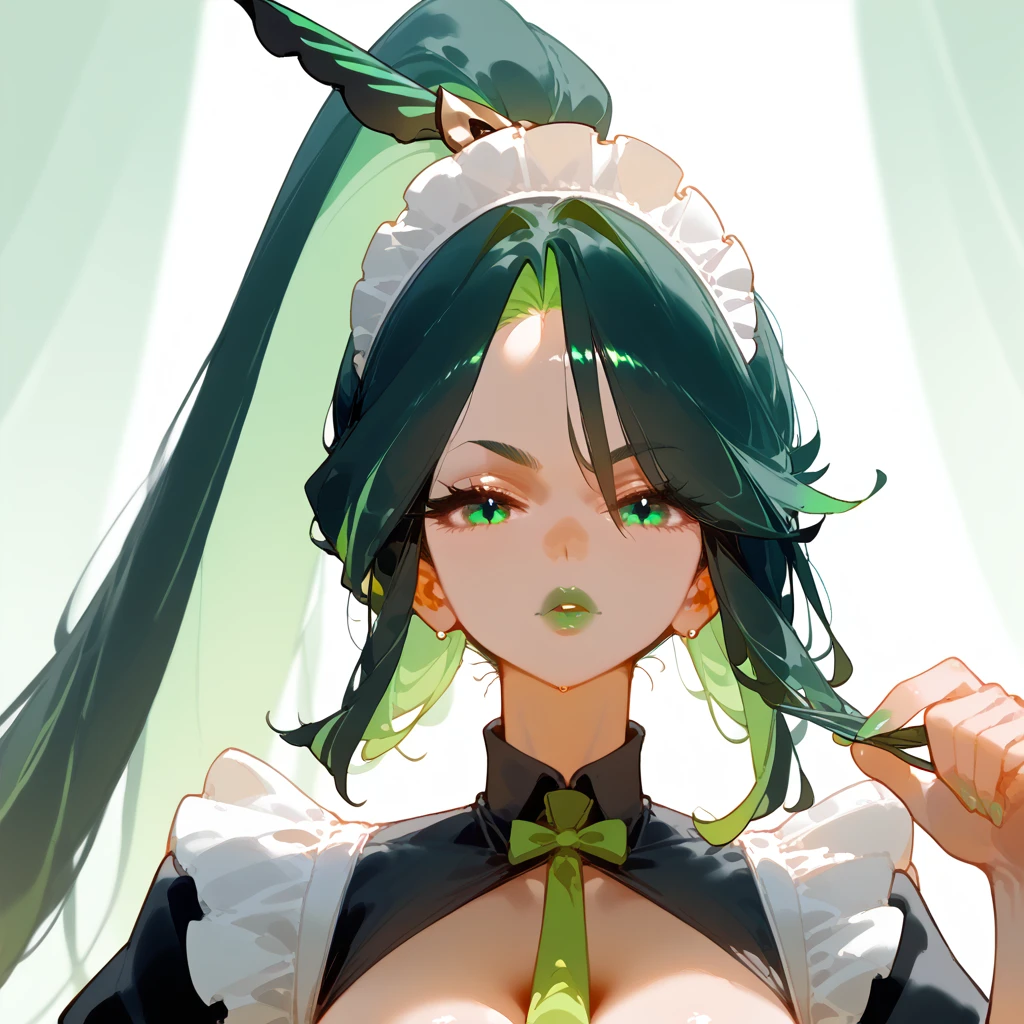 a female,green lip gloss, hair with highlights, Long ponytail, shiny hair, maid&#39;s headdress, red frame glasses, full blush, parted lips, seductive smile, heavy breathing, enmarcado, tachi-e, Stereogram, Ultra high definition, Textured skin, masterpiece, High resolution, 16K, 1080P，Top focus, full body, big hips.
