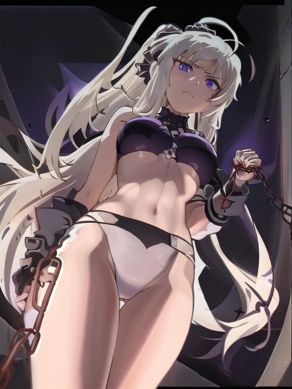 prison, concrete wall, concrete floor, femdom, dominatrix, Bondage Outfit, ((female standing)), furrowed brow, (((((from below))))), looking at viewer, throw,  front view, ((((viewer on chained)))), ((pull leash)),
One girl,  Long Hair, Purple eyes,  chest, Ahoge,   very Long Hair,   large breasts, ribbon,  hair ribbon, ponytail,  bangs, 
