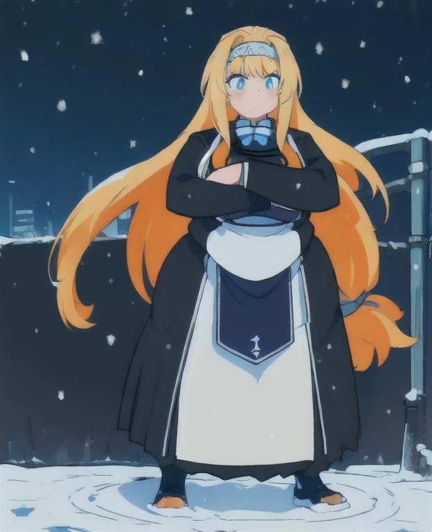 (best quality, 4k, 8k, anime girl, masterpiece)), (((beautiful extremely detailed face))), ((beautiful eyes)), cinematic lighting, perfect anatomy, ((alice synthesis thirty)), (((chubby))), (((black coat, long skirt, JK uniform, orange bowtie))), (full body view), ((blonde, glowing hair, very long hair, headband,)), neon lighting, (((ssbbw))), ((((extremely wide waist)))), fully clothed, ((snow, neon city)), ((standing still)), (low camera angle), brave pose, chain link fence,