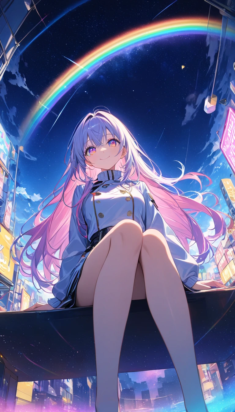 anime、((Amazingly absurd)),(masterpiece:1.2),超High resolution, Attention to detail, high quality, High resolution, 最high quality, 4K, 8k、A woman reaching for the sky,Sitting,Look Up,neon sign,Body Edge,Rainbow colors are the base,View the night sky,Long Hair,Rainbow Eyes,smile,The Edge of the Galaxy,Angle from below,hope