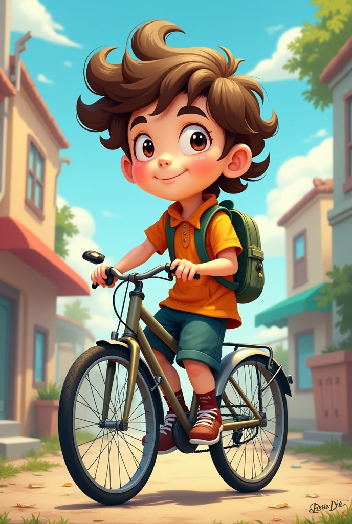 A child, numa bicicleta, de costas, no centro da imagem, pelando em uma estrada de chocolate e balas