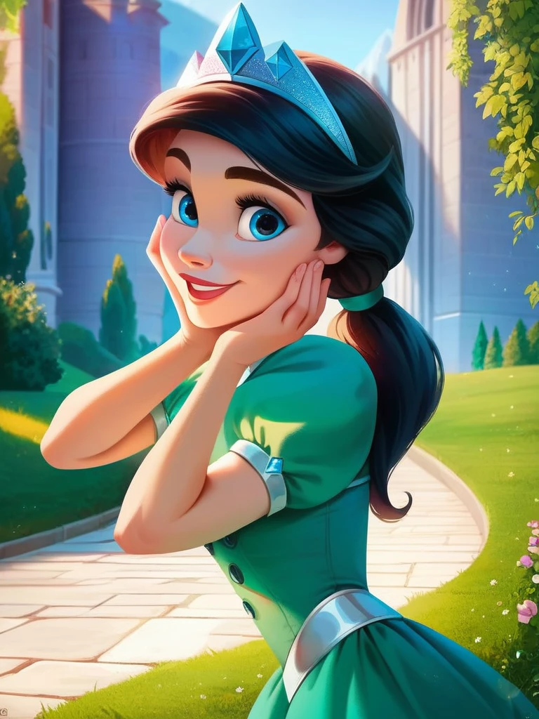 score_9, score_8_up, score_7_up, score_6_up, ArielWaifu walking in a castle, hills, vegetation, leaning forward, cute pose, smile, blue eyes, green dress, tiara, black hair, low ponytail, thick eyebrows, green hairtie, disney style, looking at viewer, cute, detailed landscape, cowboy shot, cartoon, 4k, masterpiece,