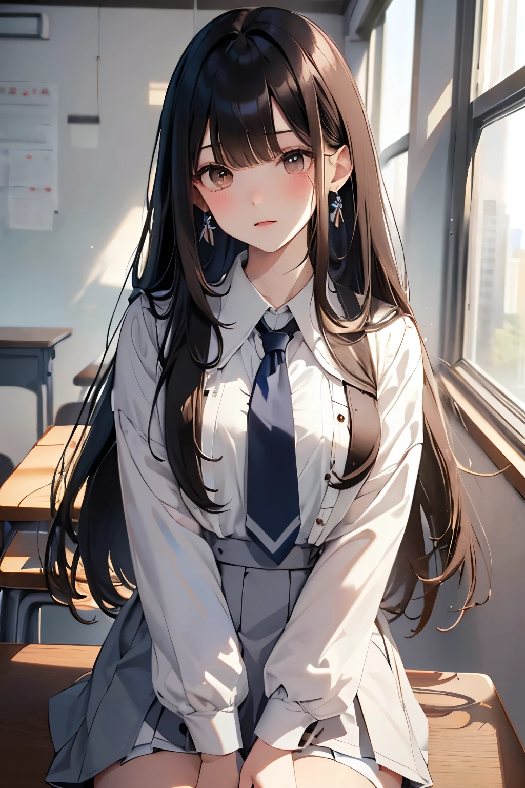 1girl,Horikyoko,Long hair,brown hair,school uniform,bow tie, jacket, white  shirt, pleated skirt, black thighs, Classroom,Sit,sitting on chair,looking a viewer,Stay (Head on your hands:1.4),Head on hands,Masterpiece,extremely detailed CG unity 8k wallpaper, Best Quality,12),sharp-focus,