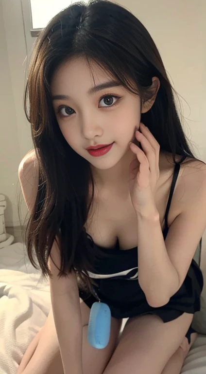 Perfect Woman, perfect mouth, perfect toes, perfect mouth, Flawless nose, perfect dark eyes, perfect and long straight black hair with bangs, big and beautiful breasts.