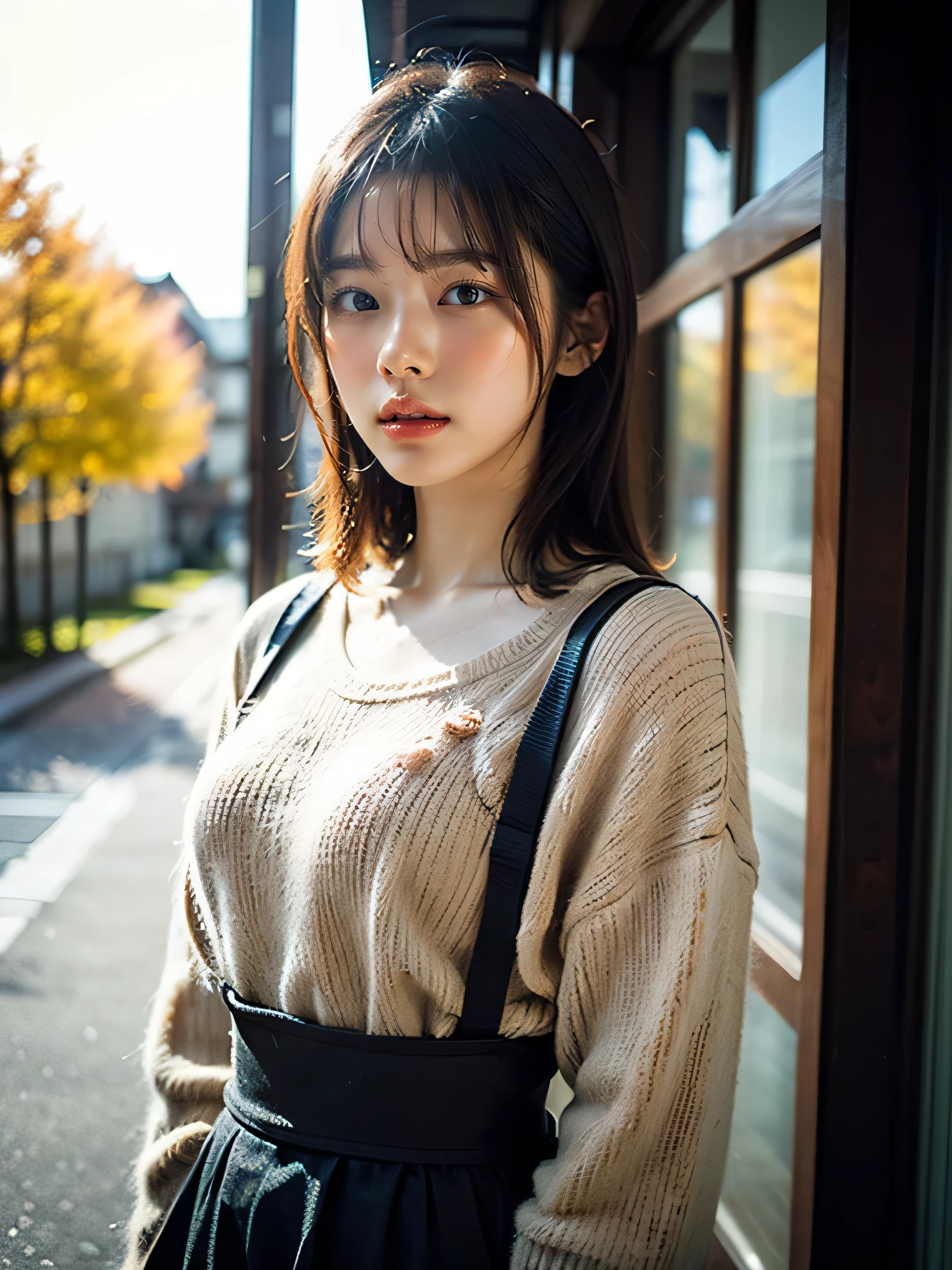 ((highest quality)), (be familiar with), beautiful girl, Japanese girl, one person, no cut, Slender, baby face, Photo like, Cosplayer, outdoor, Autumn Clothes, chiaroscuro, ((masterpiece)), 16k, textured skin, super detail