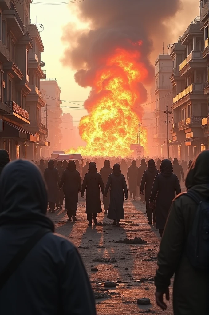 (nuclear explosion at background) cyberpunk city crowded by people in black robes, focus on mushroom explosion, ((street full of people with black robes and hoods)), ((crowded city)) dark, eerie, 32k resolution, best quality (street view) by MSchiffer