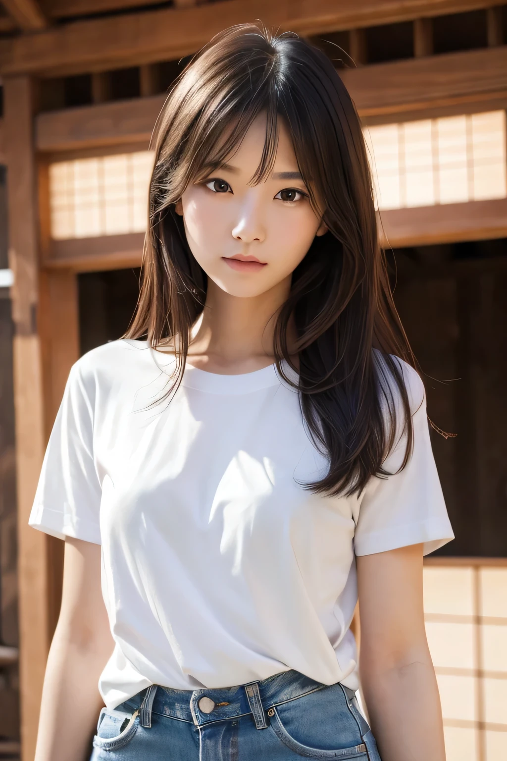 Long Hair、With bangs、Beautiful woman、T-Shirts、In front of the white wall、high resolution
