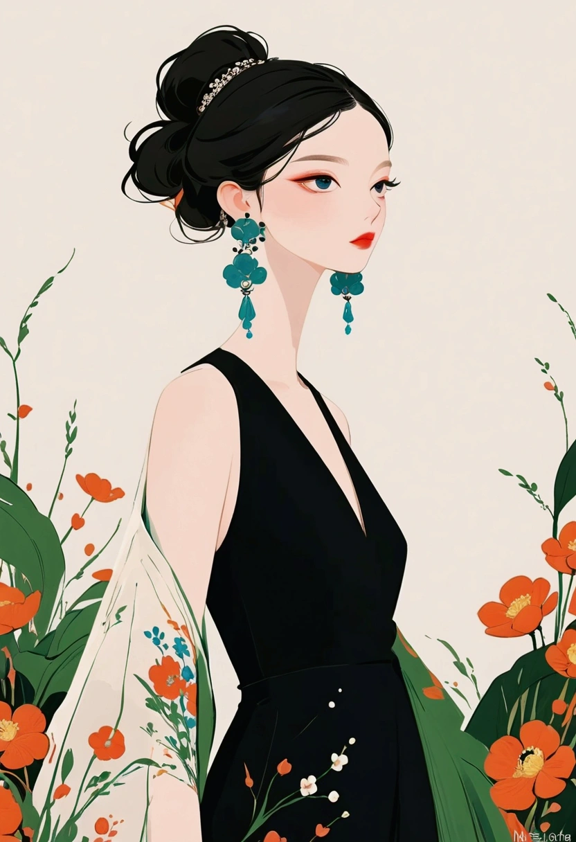 
a painting of a woman with a black dress and earrings, digital art of an elegant, a beautiful artwork illustration, by Mei Qing, exquisite digital illustration, by Ni Tian, by Li Song, beautiful digital illustration, inspired by Ma Yuanyu, by Ye Xin, by helen huang, by Jin Nong, by Xia Gui, inspired by Xie Huan