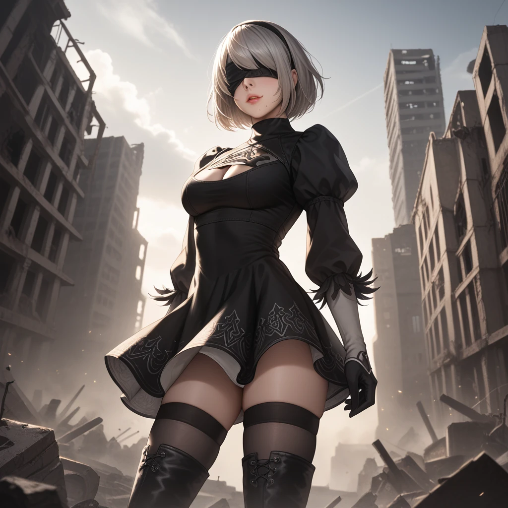 score_9, score_8_up, score_7_up, 32k,masterpiece, highest quality, 
photo realistic, super detail, vibrant colors, chiaroscuro lighting, cinematic lighting,
1 woman, inspired nier automata 2B,
bob cut, gray hair, bangs, mole under mouth, blindfold,
2B dress, cleavage cutout, skirt, thighhighs under boots,
ruins, a ruined world, devastated cities, dark cloudy sky,
seductive pose, cinematic angle,