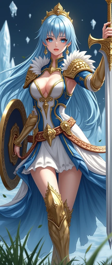 perfect eyes:1.2, detailed eyes:1.4, SoulCaliburSophitia, blue eyes, wet, sweat, blonde hair, large breasts, hair ornament, nipples, transparent clothes, wet clothes, see through, white dress, long hair, sword, shield, braided ponytail, 1girl, solo, (masterpiece:1.6, best quality), 8k, insane details, intricate details, hyperdetailed, hyper quality, high detail, ultra detailed, professional, HDR, ray tracing reflection, cinematic lighting,