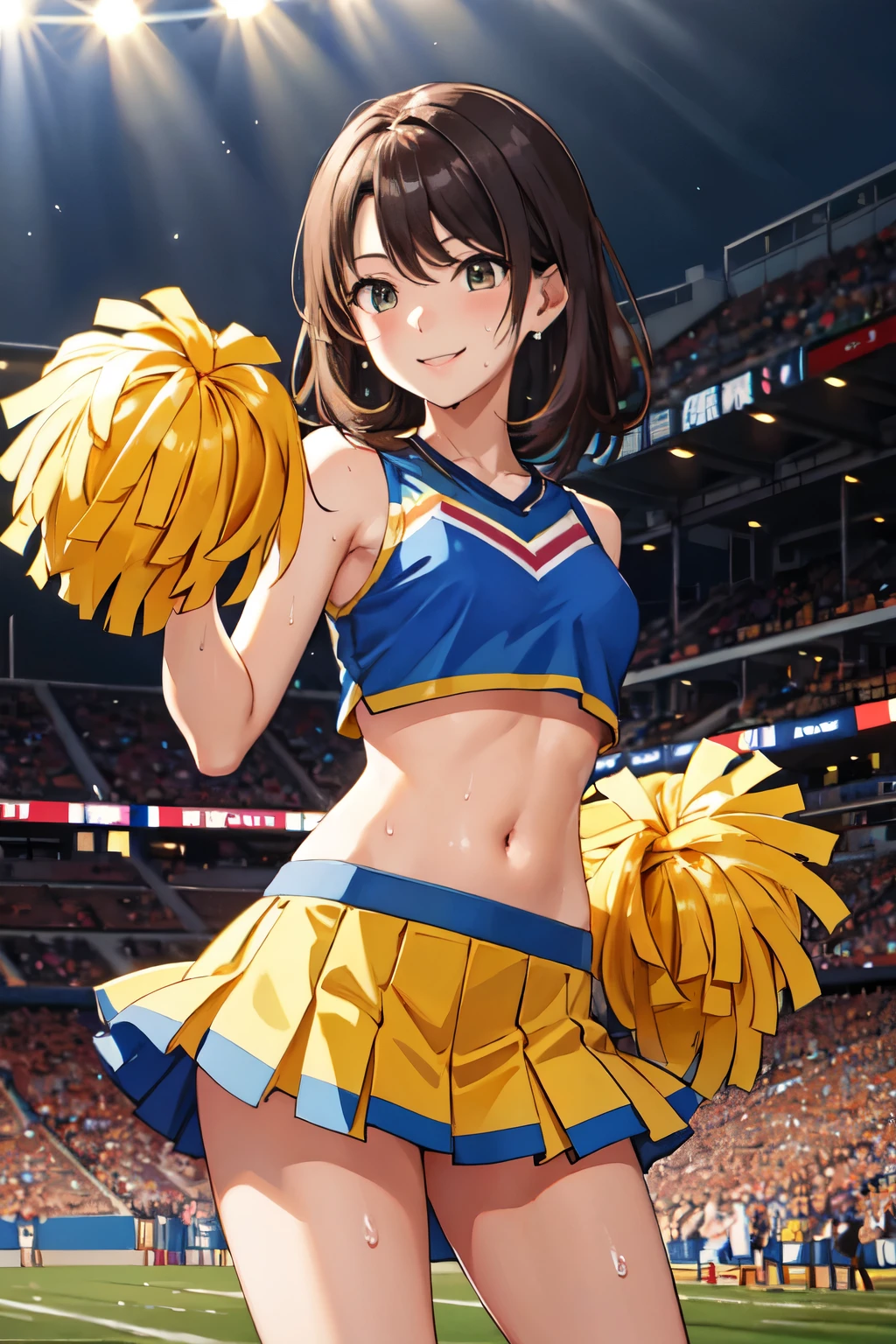 masterpiece, Best Quality, High resolution, Airoha, Medium Hair, Cheerleader, Pom-pom \(Clothes\), abdomen, mini skirt, Stadium, Standing, sweat, smile