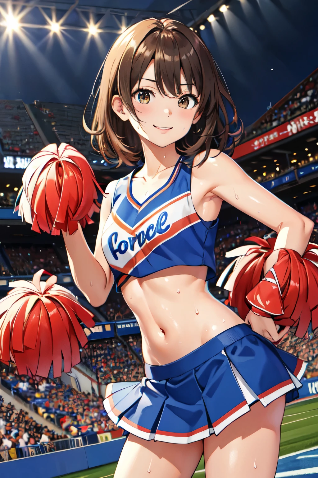 masterpiece, Best Quality, High resolution, Airoha, Medium Hair, Cheerleader, Pom-pom \(Clothes\), abdomen, mini skirt, Stadium, Standing, sweat, smile