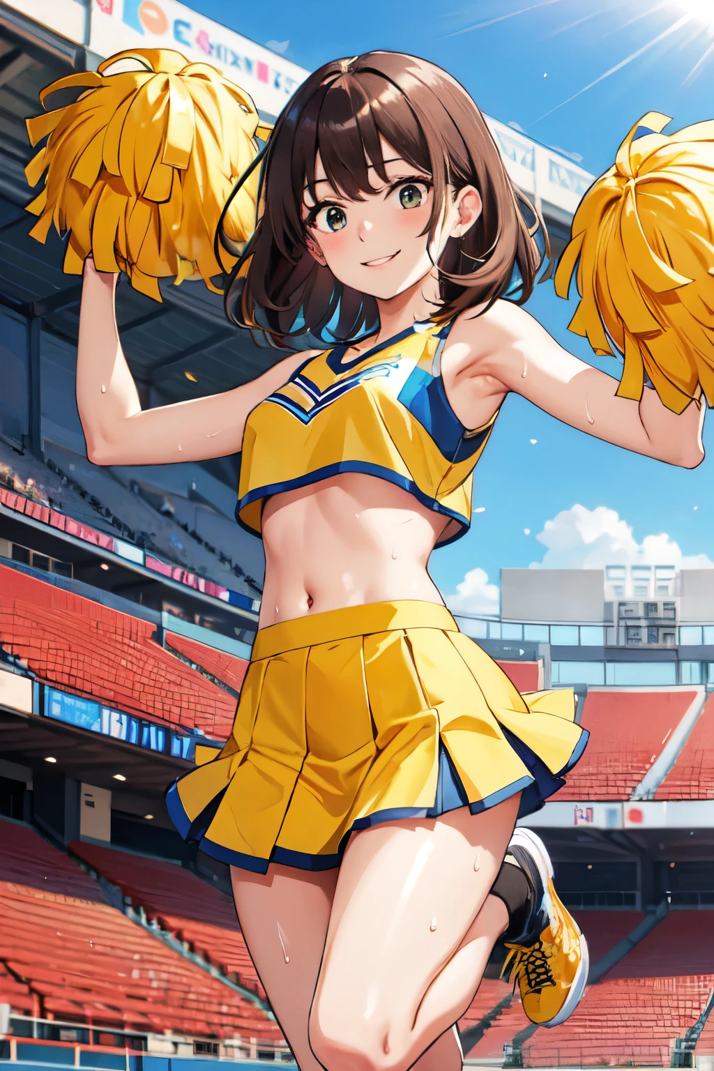 masterpiece, Best Quality, High resolution, Airoha, Medium Hair, Cheerleader, Pom-pom \(Clothes\), abdomen, mini skirt, Stadium, Standing, sweat, smile,Jump