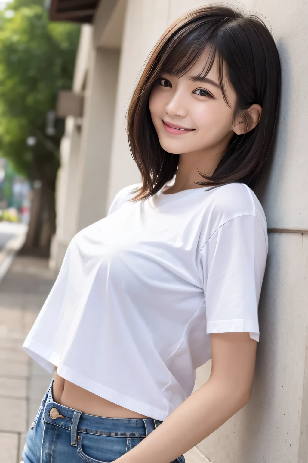 narrow eyes, straight hair, 1 girl, girl, small eyes:1.3, narrow eyes:1.3, beautiful breasts:1.5、highly detailed eyes:1.2)、(beautiful breasts:1.1), (short hair:1.1), bangs, tight waist, alone, looking at the viewer, light smile, (White Running Shirt, Black Short Spats), laughter, (squint your eyes), (small breasts:1.4)