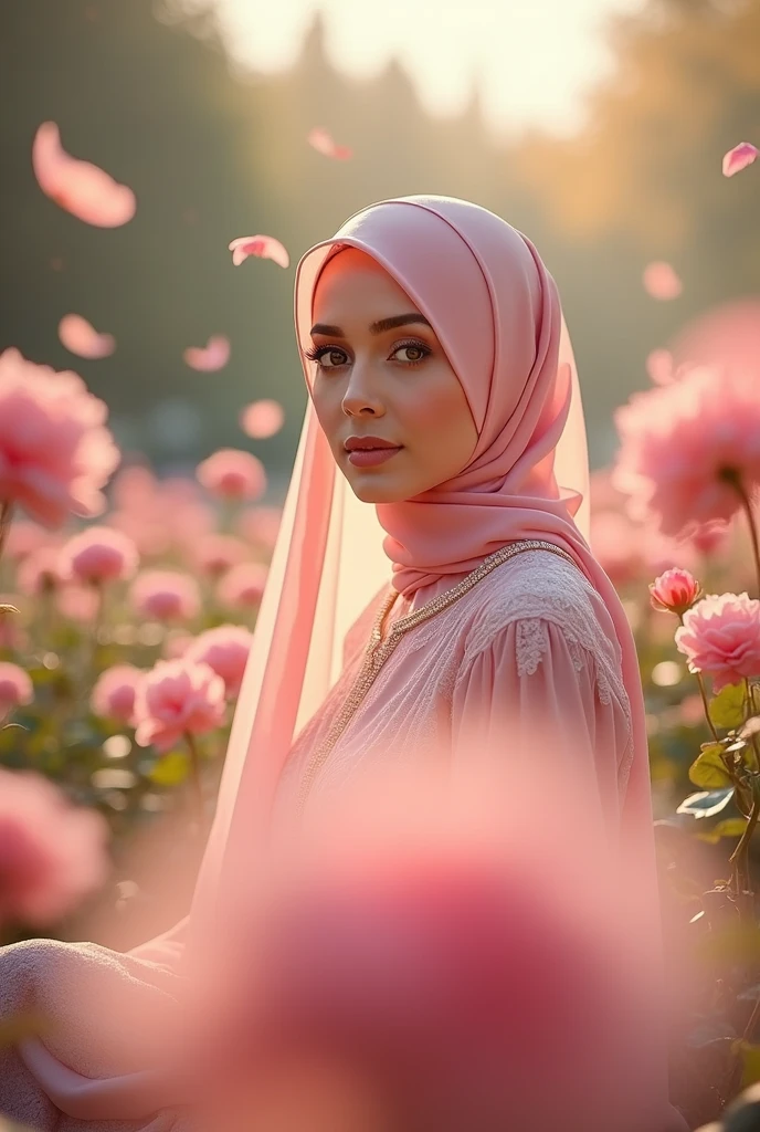 a beautiful malay young woman in hijab, is standing with large flower explosion in the background, flower petal flying in the air, in the style of midsommar, fanciful, natural landscape , dreamlike imagery, captivating documentary photos, flowing fabrics, disintegrated, intricate --ar 146:79 --v 5.1 --style raw, pastel color grading