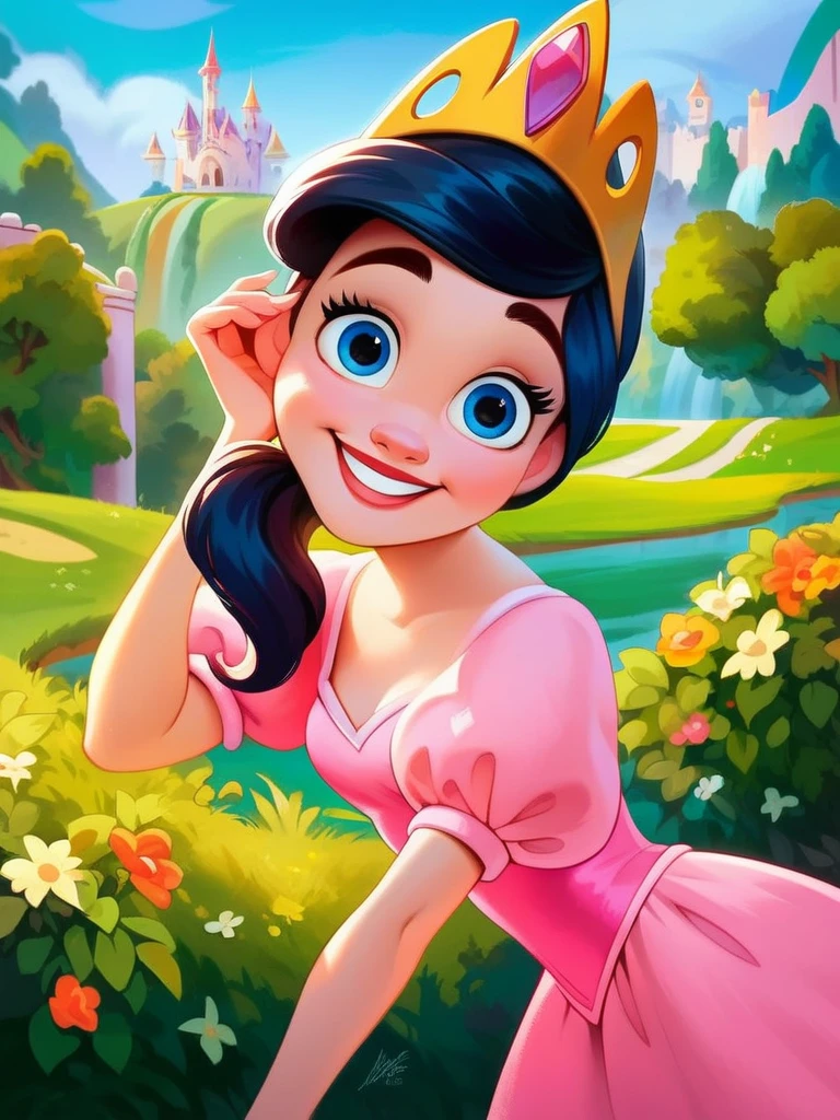 score_9, score_8_up, score_7_up, score_6_up, ArielWaifu walking in a castle, hills, vegetation, leaning forward, cute pose, smile, blue eyes, pink dress, tiara, black hair, low ponytail, thick eyebrows, pink hairtie, disney style, looking at viewer, cute, detailed landscape, cowboy shot, cartoon, 4k, masterpiece, 
 