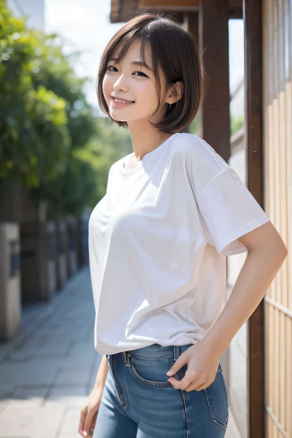 (masterpiece、High resolution,high quality),(perfect japanese woman、genuine、20th generation、)、(full of energy、smile)、(perfect anatomy、beautiful limbs、beautiful skin)、(white short sleeve shirt、jeans)、bicycle、Gravure photography、blue sky、White cloud、fresh、Cool breeze、Swaying black hair、summer、