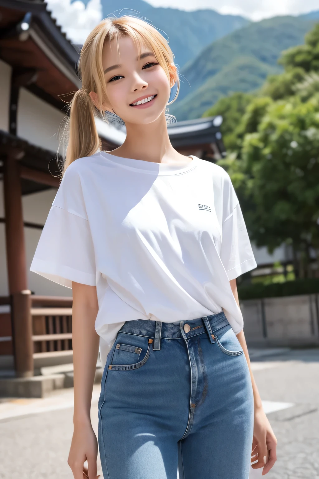 Sunburn marks on tanned skin、blush、Blonde twin tail hair,A cute -yeld giwith a cute look, A strong wind blows my hair in front of my face、Beautiful big sparkling eyes, Cute eyes hidden by long bangs、Yawn、No visible nasolabial folds、A short, light-colored miniskirt、A summer shirt with cute colorful patterns、Korean Beauty、Cheeks