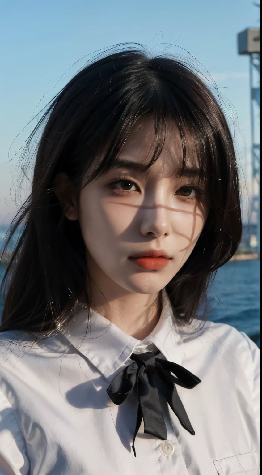 1girl, (solo:1.2), ((masterpiece)), (shadow), [slim], (very high quality:2), (small breasts), (detailed:1.7), (thick lines), cinematic lighting, (textured skin), ((sharp focus)), ((very clear)), drop shadow, focused, shading, tracing, smooth, pale skin, sharp, (pixiv), ((detailed surroundings)), yoru, black hair, long hair, scar on face, standing, spirals in eye pupils, pink eyes, closed mouth, upper body, ocean, halo, school uniform