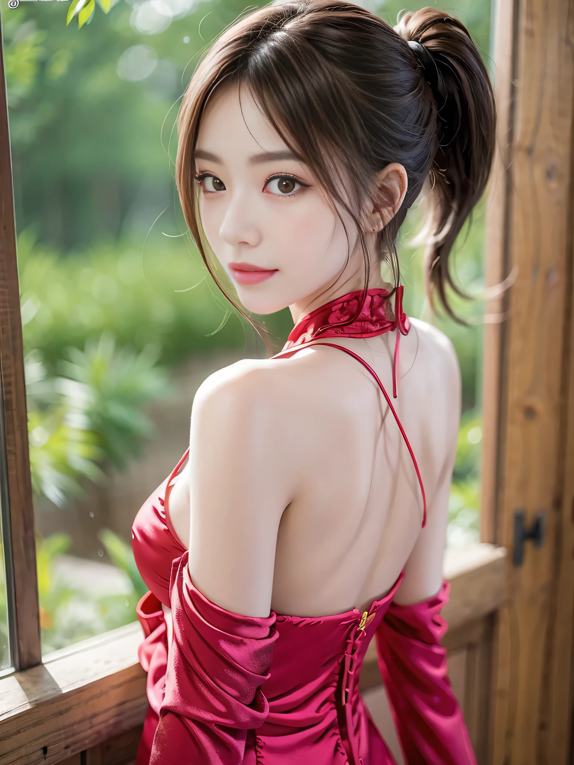 (masterpiece,highest quality,超A high resolution),japanese woman, (((Very beautiful 2 girl))), pretty girl、look at the photographer､ ((beautiful low ponytail)), super cute face, glossy lips, double eyelids in both eyes,natural smile、 natural makeup, long eyelashes, Shiny and smooth hair､center image, perfect limbs, perfect anatomy,(((China dress)))、(((turn around and look back)),wet with sweat,