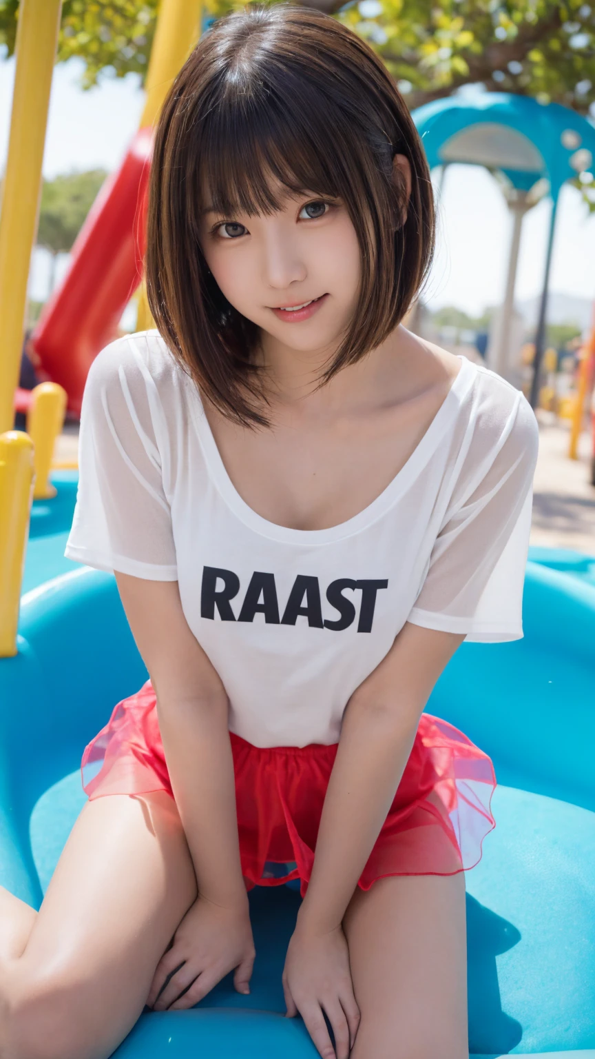 One beautiful girl, (cut out, See-through clothes Bust:1.3, Transparent T-shirt:1.3, Very short, sheer micro mini skirt made of organza:1.3), Thong, (16 years:1.3), break, (Park playground equipment background), break, Shy laugh, Baby Face, Very beautiful eyes, (Symmetrical eyes:1.3), break, (D cup breasts:1.2), Brown eyes, Parted bangs, Brown bob cut hair:1.3, round face, cute, break, (Eye and facial details:1.0), Spread your legs:1.3, Shooting from below, Pussy Line, Camel Toe, Looking into the camera, masterpiece, Best Quality, RAW Photos, Realistic, cute人々, Detailed border, High resolution, Very detailedな, In detail, Very detailed, Very detailed, Sharp Eyes, Cinema Lighting, Full Body Shot