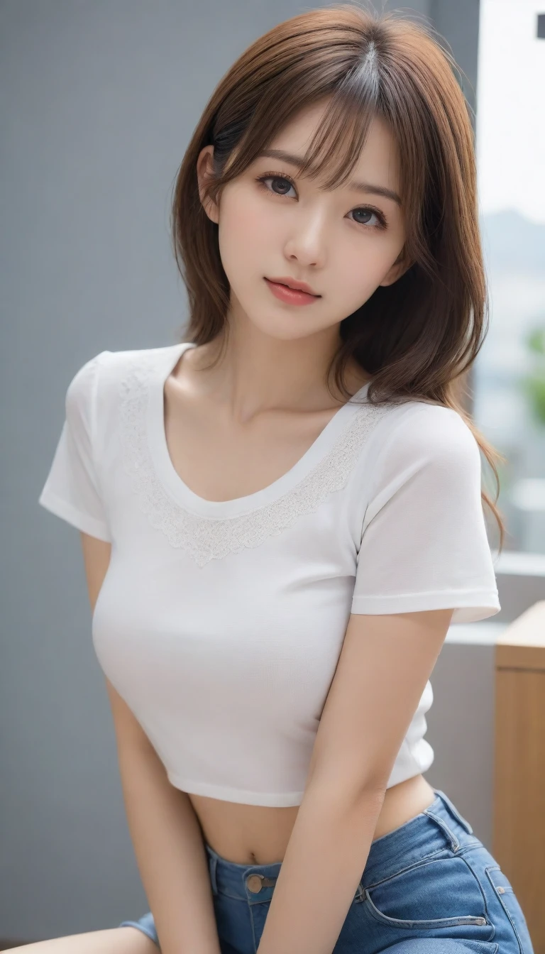 (top quality, 8 thousand, masterpiece :1.3), shining chest, very detailed face, detailed eyes, double eyelid, surreal, best quality, 8 thousand, master's work, ultrafine, correct anatomy, very detailed face, detailed eyes, (lifelike, high resolution(high resolution):1.3), Woman with perfect body 1, (smile), (perfect teeth), (More than half of her huge breasts are visible.:1.3), (layered hairstyle), (애교 side hair), (side hair), perfect abs, perfect breasts, (Cleaning uniform:1.4), (She cleans in the bathroom), (My whole body shines:1.5), (from bottom to top), (small face), Inside a shabby and dirty bathroom,