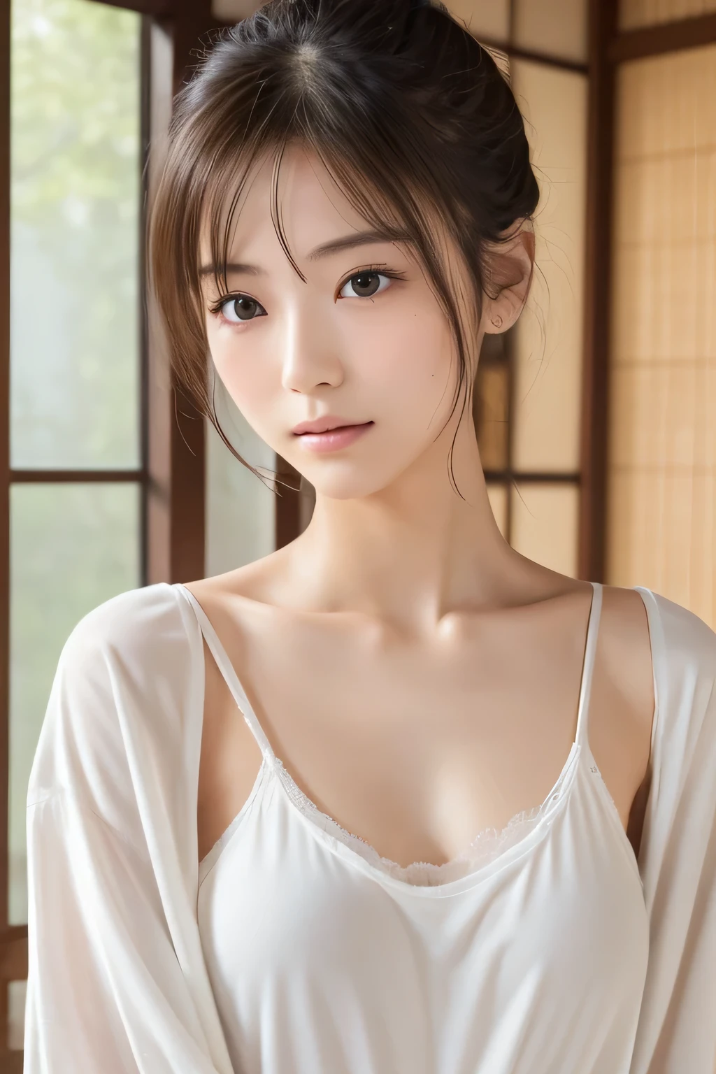 photo-Realistic, Realistic, RAW Photos, masterpiece, Best Quality, High resolution, Extremely Detailed CG Unity 8k Wallpaper, Detailed, Film Grain, Detailed Skin, Symmetric, Very delicate and beautiful, figure,
One girl, Strap Pull, skinny, slim, Slender body, Small breasts, Delicate and beautiful, Perfect Face,Vertical contour, Beautiful and detailed, White skin, Real human skin, pore, (Japanese students:1.2),
(White oversized shirt),Slender figure,Bun Hair,Blonde,Pulling on clothes, I pulled it myself,futon