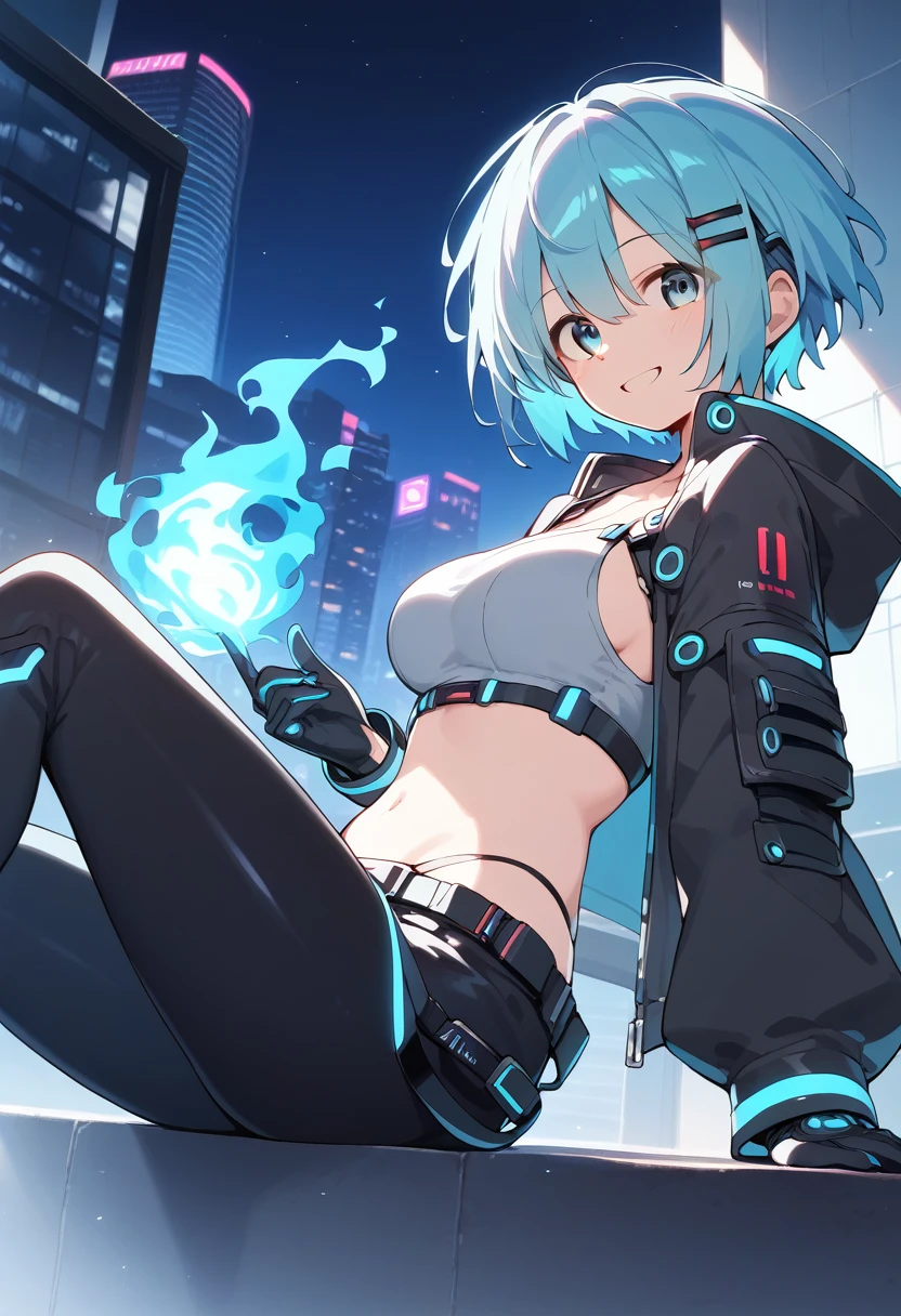 1girl, blue hair, large breasts, bunny ears, rabbit ears, wide hips, bodysuit, black bodysuit, blue eyes, short hair, very short hair, science-fiction, tech, futuristic, machinery, full body, neon trim, happy, light smile, shoes, car, sports car