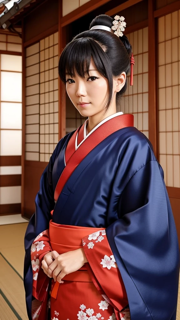(highest quality:1.2),(perfect beautiful face:1.2),(perfect and beautiful posture:1.2),(japanese woman:1.1), ponytail hair,At a Japanese inn, smile, (Chunky muscular body:1.2),Ultra-high precision photos,clear eyes, (blue japanese clothes:1.3),No sleeve