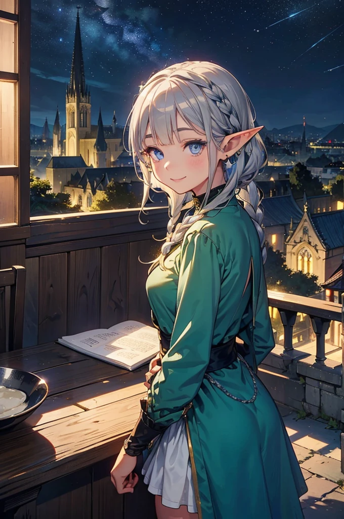 The cathedral is in the background、Medieval street at night,　Stars Shining、Wide Road、Pointed Ears、Elf、blue eyes、Green Dress、Long eyelashes、Silver braided short hair。Turn around with a smile、Overlooking the city from the terrace