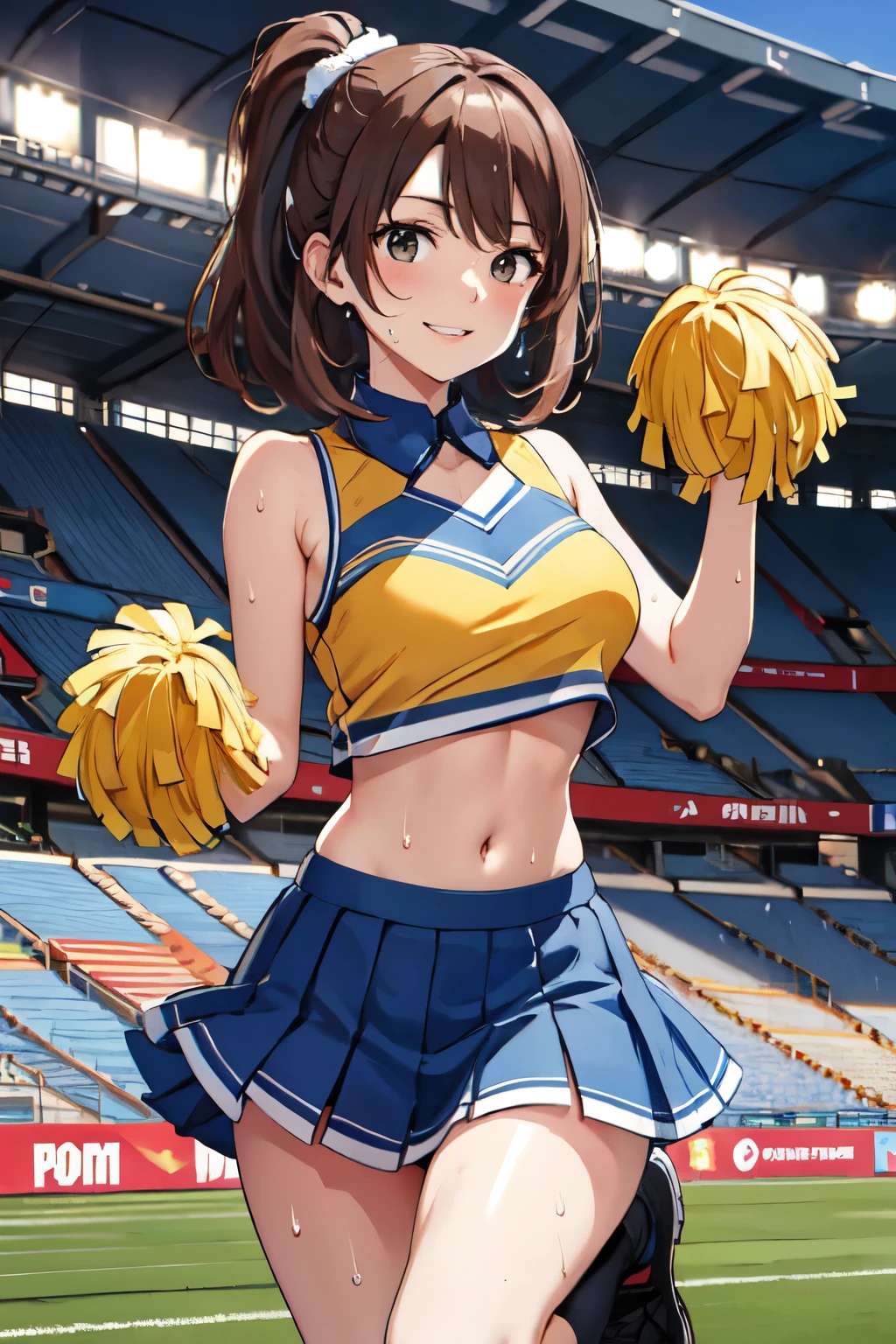 masterpiece, Best Quality, High resolution, Airoha, Medium Hair, Cheerleader, Pom-pom \(Clothes\), abdomen, mini skirt, Stadium, Standing, sweat, smile,Raise one leg,Big Breasts