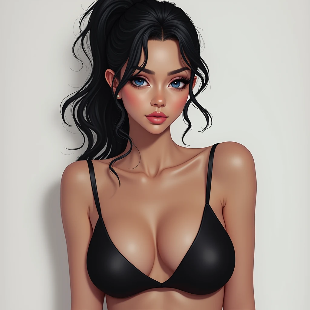 Amazing portrait of a sexy woman with a beautiful face emphasised by amazing makeup and black hair and seductive eyes in an intense gaze with her mouth parted and a deep blush on her face as she's flustered wearing an off shoulder t shirt