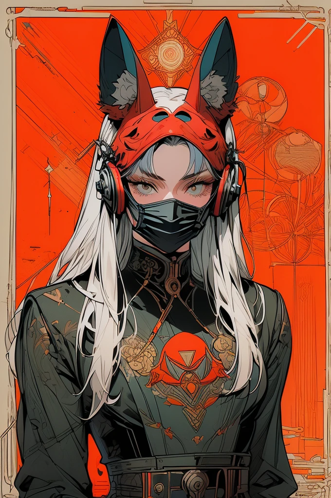 Samurai Fighter Girl scene, Wearing an japanese oni face mask, Oni tattoo, With horns on the head, Hooded, White hair, With Katana Sword, Japanese style, Dark bloody background, Cinematic, 31:9, Ultra wide, Wallpaper, Wide format --auto --s2