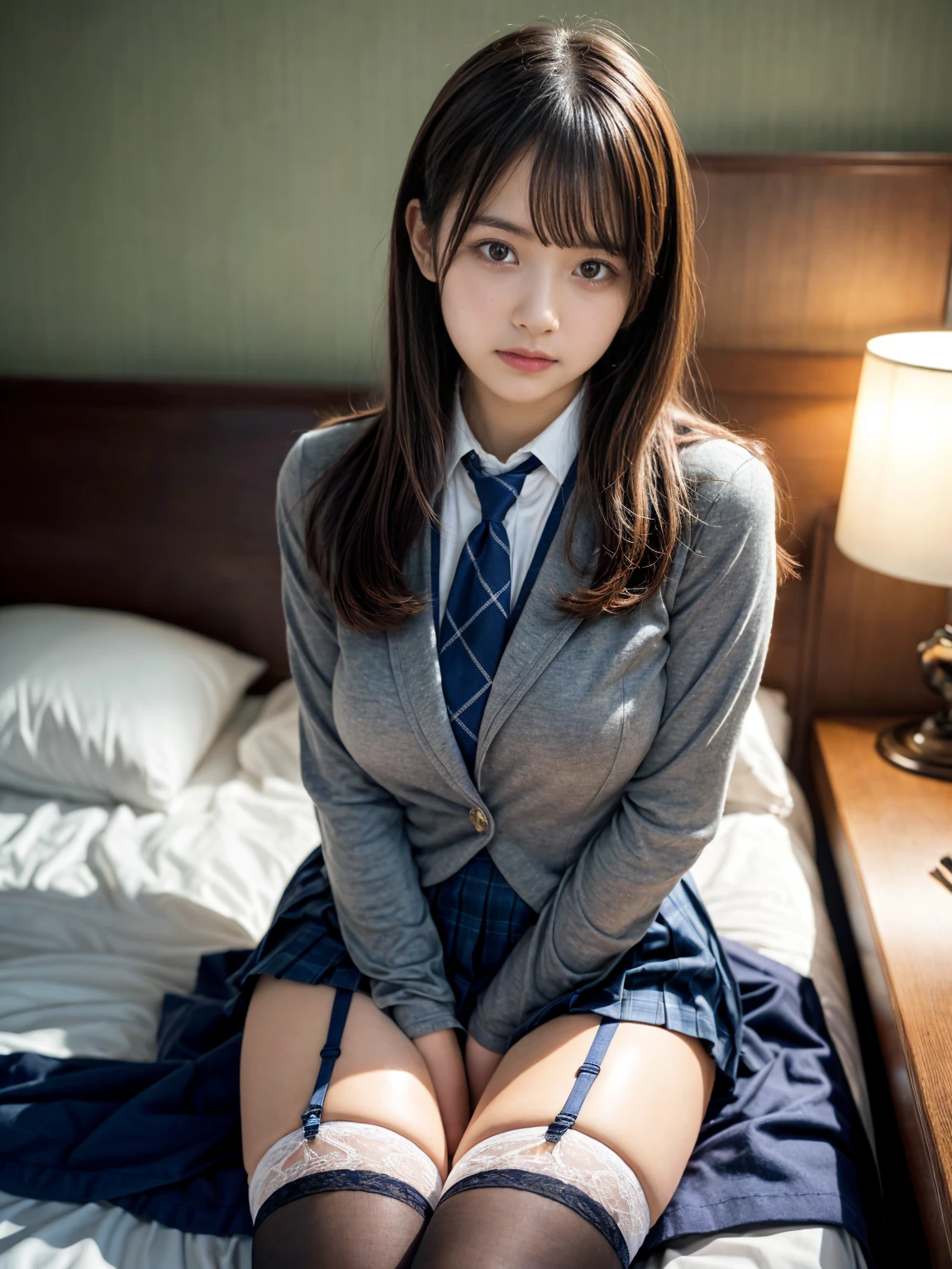 japanaese girl，Being in a hotel，(lying on back on bed:1.4)，(Open your legs:1.4)，(Lifted legs:1.5)(top-down view)，
（（（tmasterpiece）））， （（best qualtiy））， （（intricate detailes））， （（Ultra-realistic realism））， Ridiculous resolution， hi-school girl， see -through， ighly detailed， illustratio， 1girll， （（Large breasts））， perfect hand， Detailed finger， Beautiful detailed eyes， Shorthair， with brown eye， Name badge， vd， （Japan School Clothes：1.2）， school blazer， School Shirts， skirt by the， Long School Tie，detailedbackground， Bedrooms， perfect  eyes， mesmerizing eyes，cocked ass，Reddened face，(weeping:1.2)，confused eyes、thighs thighs thighs thighs、((Mansuji、mekosji、teats、Colossal tits))、((Opening legs))、panties on