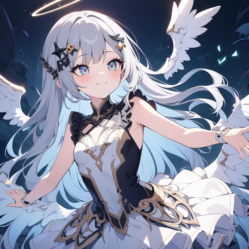 Absurd,anime,Detailed and beautiful eyes,(art),(artistic clothing:1.5),angel,gray hair,smile,(a girl:1.5),from the waist up,(small breasts:1.2),(small chest:1.2),mysterious,fallen Angel,Hello,(Large detailed hair ornament:1.2),(look away:1.5),detailed clothes,Flashy Moves,Mechanical,masterpiece, moe kawaii,abyss,luster,lame,(ultra detailed:1.2), ((highest quality)) ,Extremely Delicately Beautiful ,64k