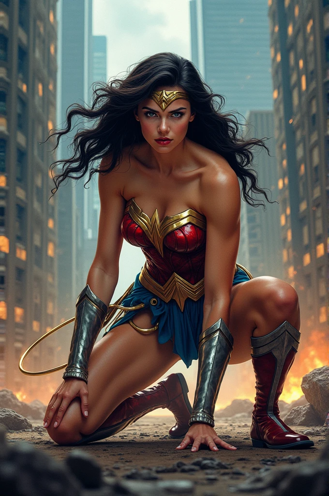 fighting in the rubble muck and debris attacked by tentacles, teen wonder woman, Tentacles around her oiled sweating body, many tentacles, Fine details,Tentacled,Tied with tentacles,giant black tentacles,drooling,Crying,Detailed body,Full limbs,cameltoe